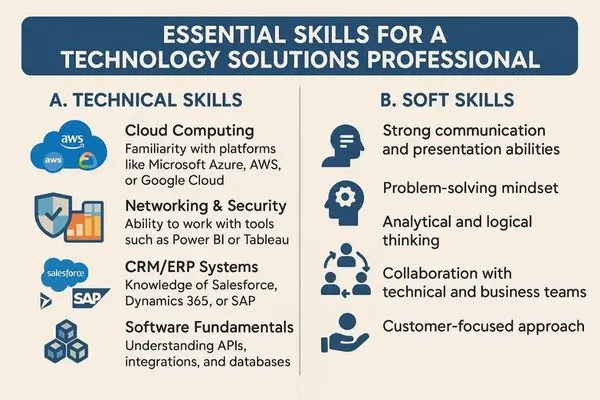 Infographic showing technical and soft skills needed for technology solutions professionals.