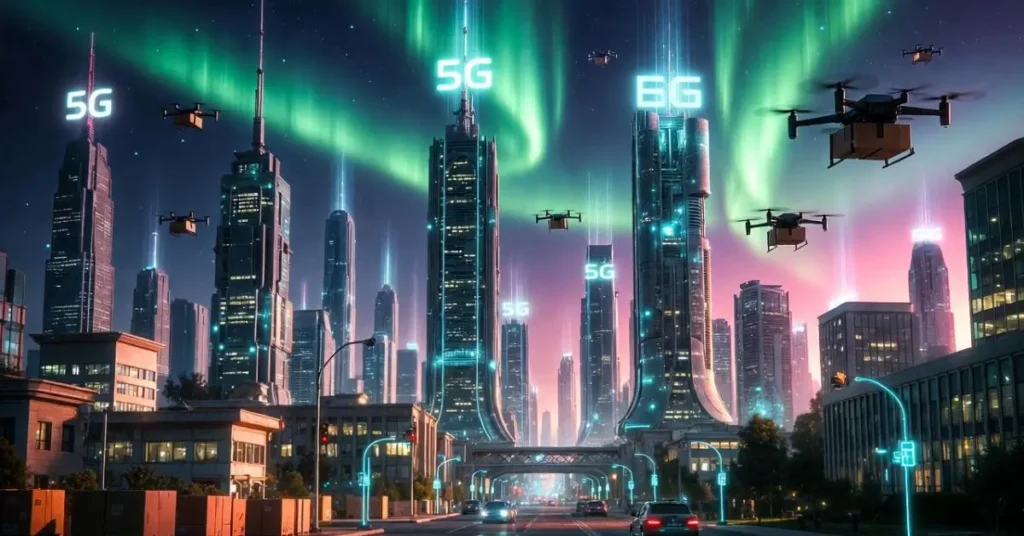 Internet of things and 5G: cityscape at twilight with glowing 5G towers beaming neon signals, delivery drones flying between skyscrapers, smart traffic lights, holographic AR displays for pedestrians, and vibrant Northern Lights dancing across the sky.
