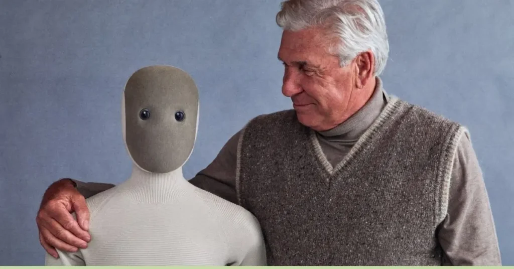 A close-up portrait featuring an elderly male figure embracing or interacting warmly with a humanoid robot (potentially an assistive or companion robot).
