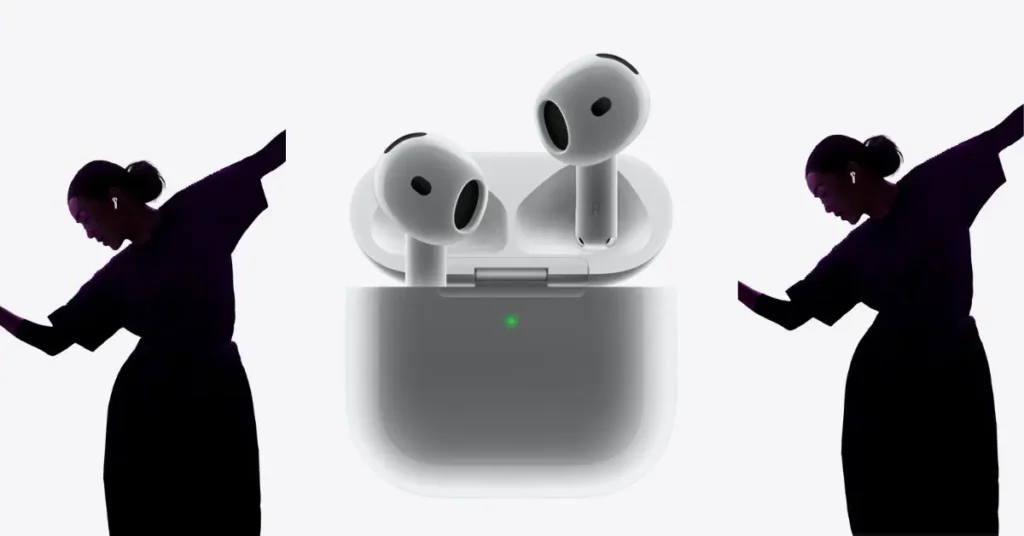 Apple AirPods 3rd generation wireless earbuds in white with open charging case showing green status light, flanked by two silhouetted women in flowing purple dresses dancing with AirPods in ears – showcasing effortless wireless freedom and seamless Apple ecosystem integration.