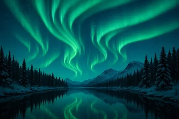 Northern Lights Tonight: Vibrant green Northern Lights dancing above a mirror-still frozen lake, reflecting auroras perfectly, surrounded by snow-covered pine forests and distant mountains under a starry November night sky