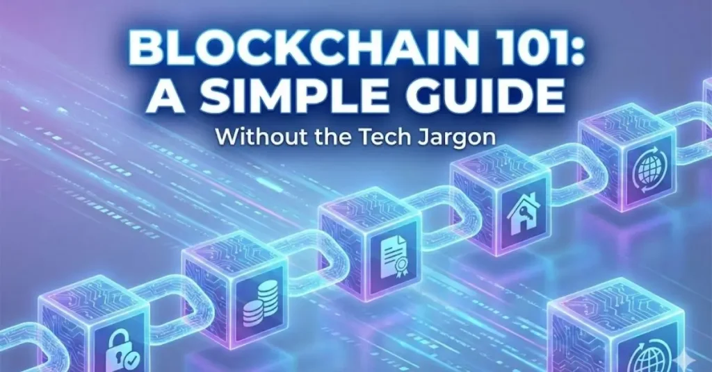 Horizontal chain of glowing digital blocks containing icons for security, money, contracts, and real estate, featuring the title text Blockchain 101: A Simple Guide Without the Tech Jargon.