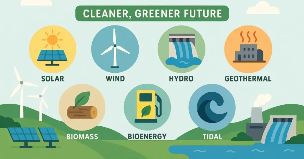 types of renewable energy, Infographic illustrating seven major renewable energy sources: Solar, Wind, Hydro, Geothermal, Biomass, Bioenergy, and Tidal.