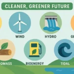 types of renewable energy, Infographic illustrating seven major renewable energy sources: Solar, Wind, Hydro, Geothermal, Biomass, Bioenergy, and Tidal.