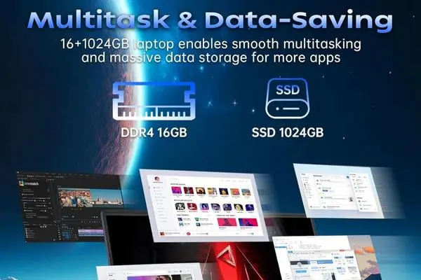 Detailed diagram of the blue laptop's side showing connectivity interfaces, labeling three USB 3.0 ports, one HDMI 1.4A port, an RJ45 LAN ethernet port, a full-featured Type-C port, a headphone jack, and a DC connector.