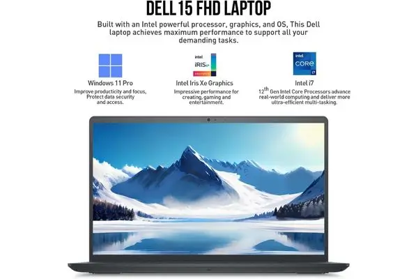 Dell 15 FHD Laptop infographic highlighting 12th Gen Intel Core i7 processor, Intel Iris Xe Graphics, and Windows 11 Pro features against a mountain wallpaper.