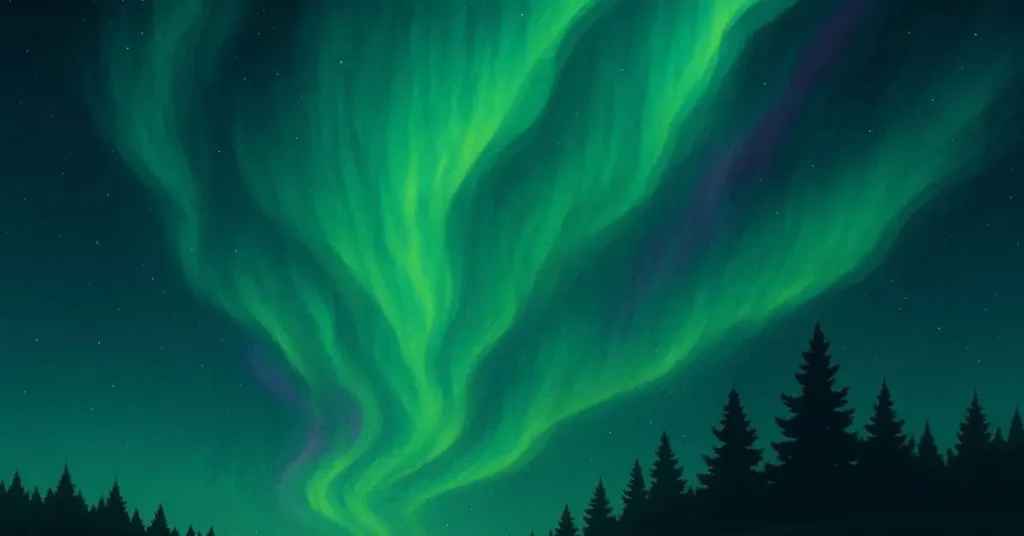 Close-up of swirling green and purple Northern Lights dominating the night sky, with dark silhouettes of tall pine trees in the foreground, stars faintly visible above.