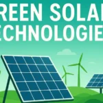 Green solar technologies concept illustration showing solar panels, wind turbines, and sunlight representing clean and renewable energy.