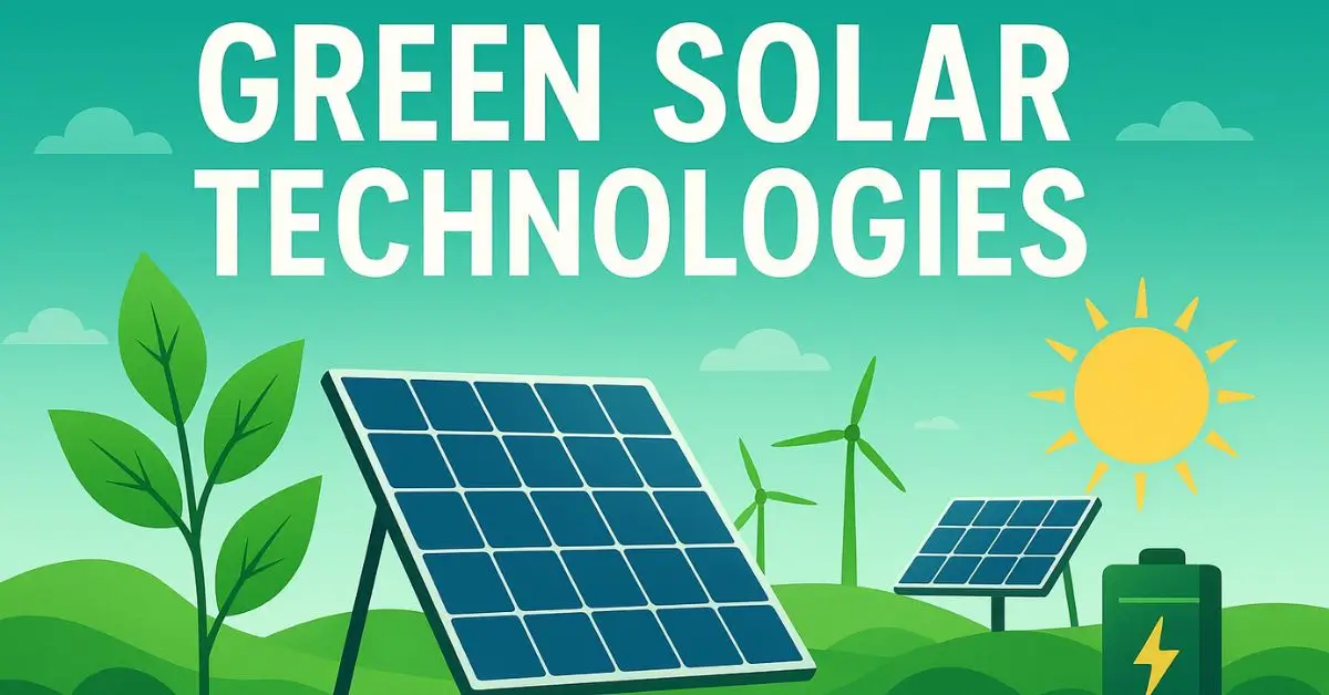 Green solar technologies concept illustration showing solar panels, wind turbines, and sunlight representing clean and renewable energy.