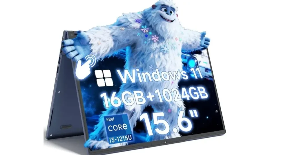 Blue 15.6-inch touch-enabled convertible laptop in tent mode displaying key specifications: Windows 11 operating system, Intel Core i3-1215U processor, 16GB RAM, and 1024GB SSD storage, featuring a cartoon yeti character.