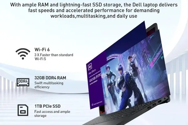 Angled view of Dell laptop running Adobe After Effects, displaying specs for Wi-Fi 6, 32GB DDR4 RAM, and 1TB PCIe SSD storage.