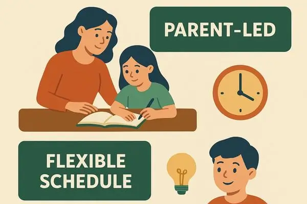 Illustrated infographic showing homeschooling concepts like parent-led learning, flexible schedule, curriculum, resources, and personalized learning.