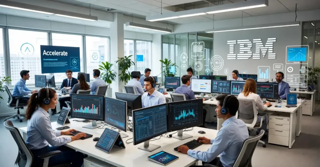IBM Summer Internships: Diverse group of young professionals wearing headsets working collaboratively in a modern IBM office with large windows, holographic-style tech overlays, and prominent IBM logo and "Accelerate" branding on the wall