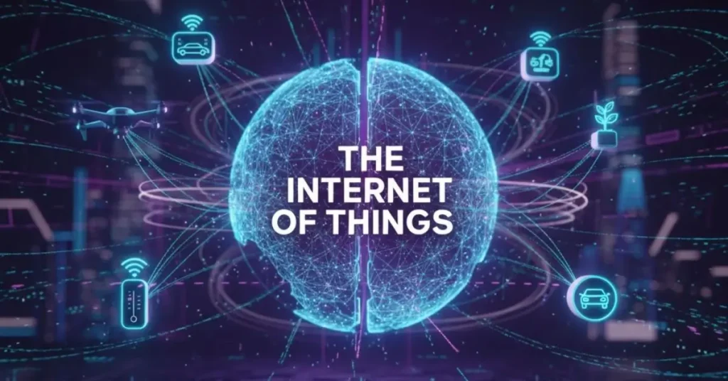 How Internet of Things Uses the Internet, A realistic, abstract visualization of the Internet of Things: glowing lines of data stream from various connected devices
