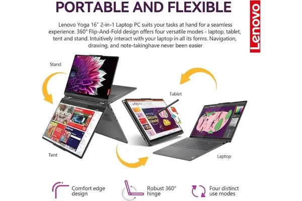 Lenovo Yoga 7i 16-inch 2-in-1 convertible laptop shown in all four 360° modes: laptop, stand, tent, and tablet. Demonstrates the robust hinge and flexible flip-and-fold design perfect for work, presentations, note-taking, and entertainment