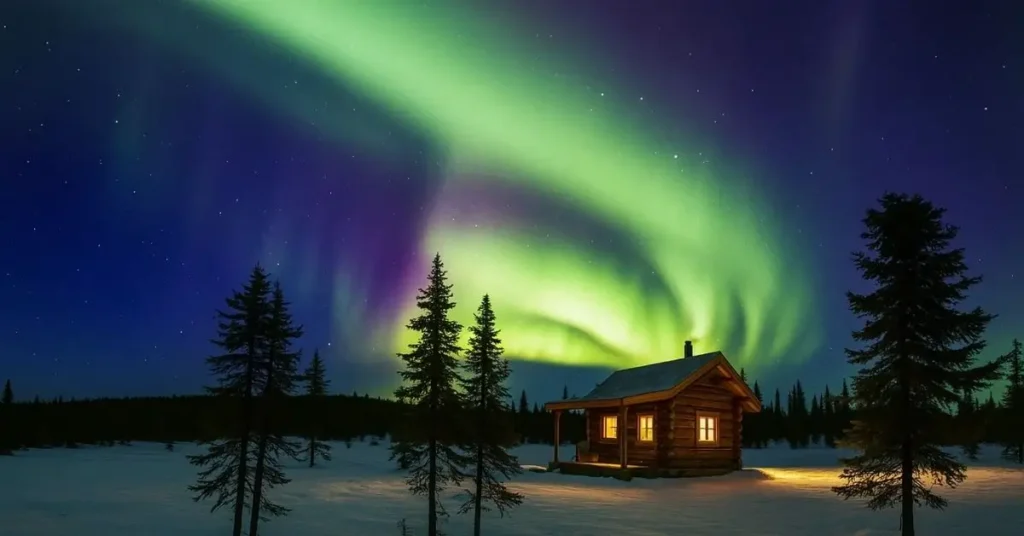 A small Norwegian village is reflected in a dark body of water beneath a snow-capped mountain range and a bright green aurora.