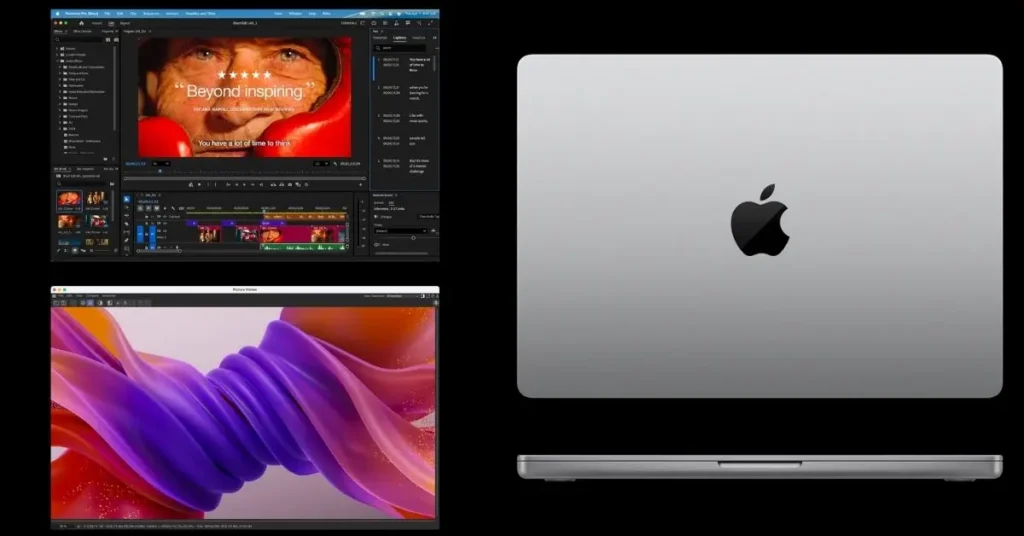 Apple MacBook Pro displaying video editing and design software interface