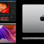 Apple MacBook Pro displaying video editing and design software interface