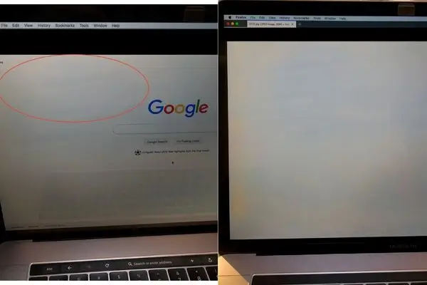MacBook Pro Orange Screen: MacBook Pro screen with visible stain and backlight issue