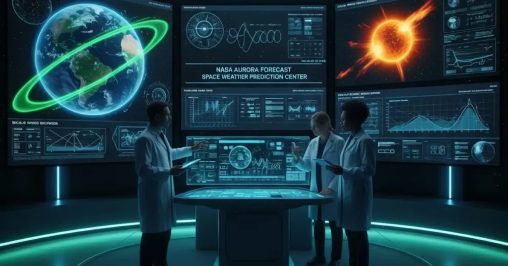 Aurora forecast: Scientists in a futuristic NASA control room with holographic displays showing Earth, the Sun, and various data points related to space weather and aurora prediction.