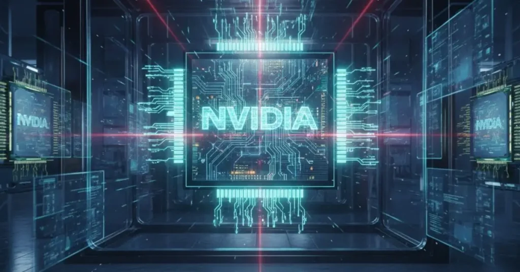 A glowing, intricate NVIDIA Semiconductor circuit board design enclosed within a holographic, translucent cube, with bright turquoise lines representing data flow and red laser beams intersecting around it in a high-tech, futuristic server room. The NVIDIA logo is prominent in the center.