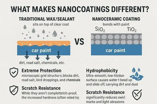 Infographic showing how traditional wax/sealant sits on the clear coat while nanoceramic coating bonds with car paint using $\text{SiO}_2$ (Silicon Dioxide) and $\text{TiO}_2$ (Titanium Dioxide) for superior scratch resistance and hydrophobicity.CaptionA visual breakdown of the chemical difference: Nanoceramic coatings bond at a molecular level for superior, long-lasting protection. nanotechnology cars