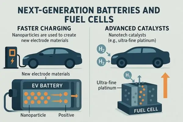 Diagram illustrating two uses of nanotech in car energy: Faster Charging (nanoparticles in EV battery electrodes) and Advanced Catalysts (ultra-fine platinum nanoparticles in hydrogen fuel cells).
