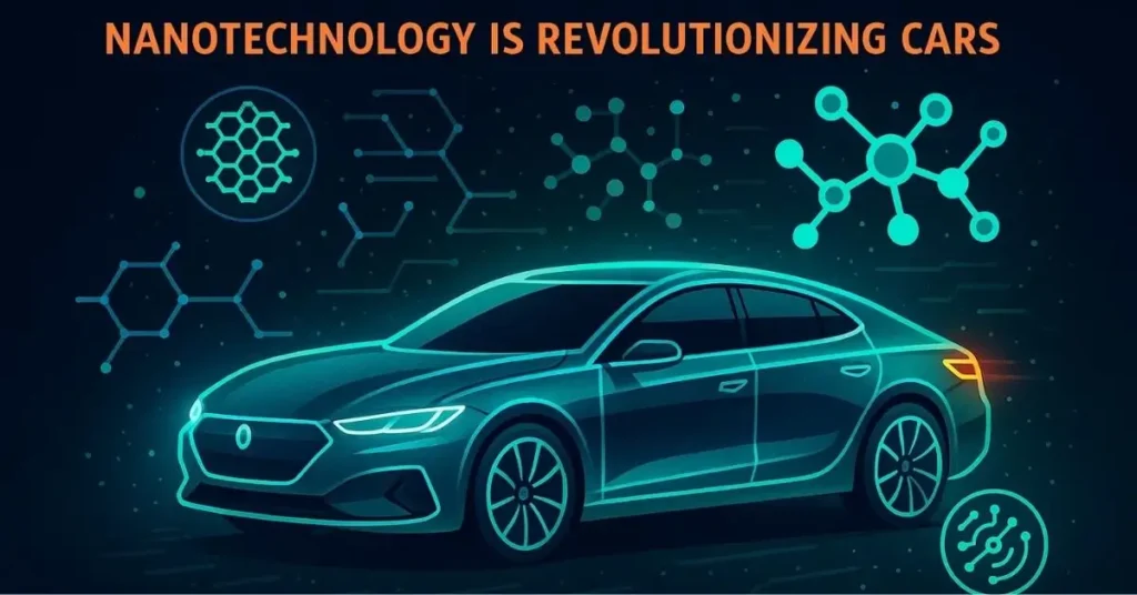 Conceptual graphic of a modern car surrounded by molecular structures and electronic components, symbolizing the integration of nanotechnology and advanced materials into automotive design.