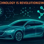 Conceptual graphic of a modern car surrounded by molecular structures and electronic components, symbolizing the integration of nanotechnology and advanced materials into automotive design.