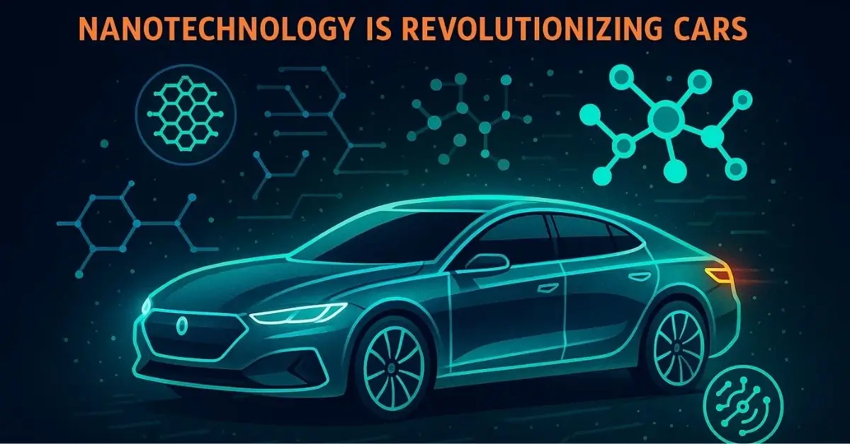 Conceptual graphic of a modern car surrounded by molecular structures and electronic components, symbolizing the integration of nanotechnology and advanced materials into automotive design.