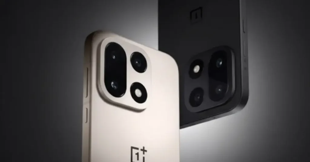 Two OnePlus smartphones, one light gold/beige and one dark grey/black, showing their triple camera arrays and the OnePlus 15 logo.
