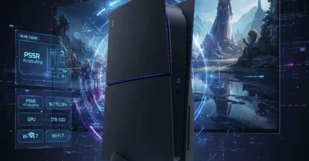 Close-up of the PlayStation 5 Pro console (PS5 Pro) featuring its unique design, symbolizing high-performance gaming, 4K resolution, and enhanced ray tracing capabilities.