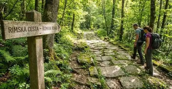 Ancient Roman road (Cesta Roman) paved with moss-covered stones winding through a sunlit green forest in Central Europe.