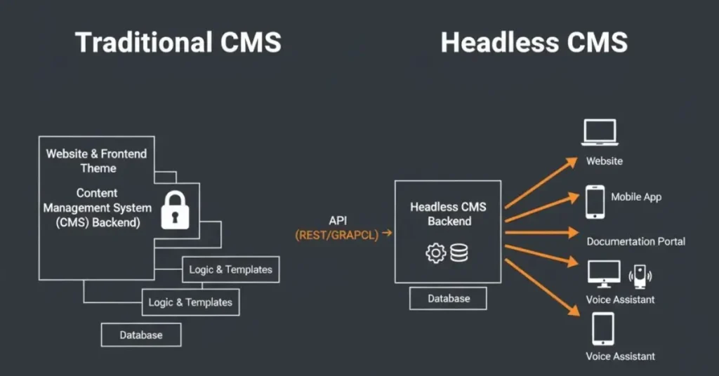 tech documentation: Diagram comparing Traditional CMS (coupled content and presentation) with Headless CMS (decoupled content delivered via API to multiple front-ends like websites, mobile apps, documentation portals, and voice assistants).