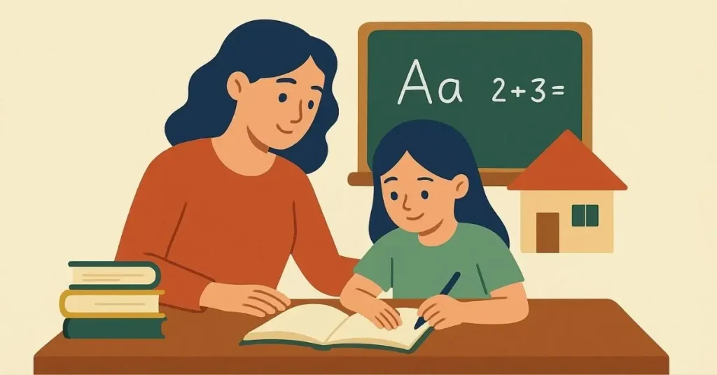 advantages of homeschooling, Illustration of a mother helping her daughter learn at home with books and a chalkboard.