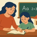 advantages of homeschooling, Illustration of a mother helping her daughter learn at home with books and a chalkboard.