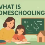 A mother teaching her daughter at home with books and a chalkboard, representing the concept of homeschooling and home education. what is homeschooling