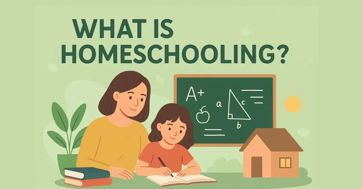 A mother teaching her daughter at home with books and a chalkboard, representing the concept of homeschooling and home education. what is homeschooling
