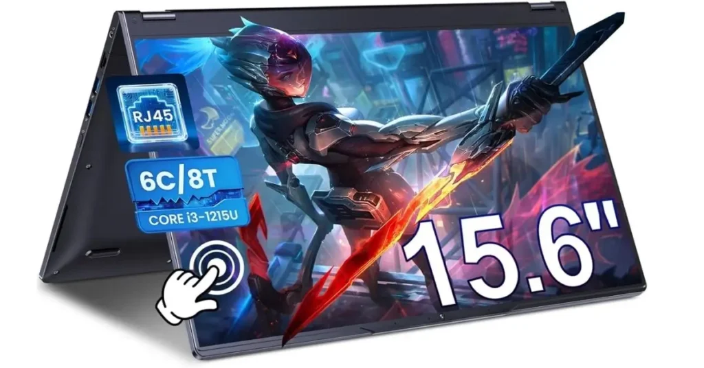 MHCYX R1 laptop 15.6" IPS FHD 1080p touchscreen with eye protection, 16:9 aspect ratio, and vibrant gaming visuals highlighted.