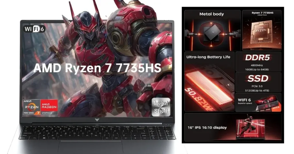 Promotional image of a sleek black gaming laptop displaying a red robotic warrior with sword on screen, overlaid with AMD Ryzen 7 7735HS and Radeon Graphics 7000 Series badges. Surrounding labels highlight features like WiFi 6, metal body,