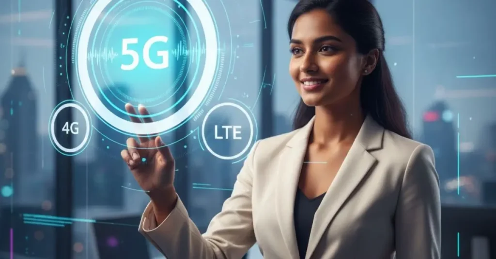 4g and 5g: A beautiful, professional woman presenting or describing the differences between 4G, LTE, and 5G networks. Abstract technological graphics or holographic text bubbles illustrating the network logos and speed differences surround her.