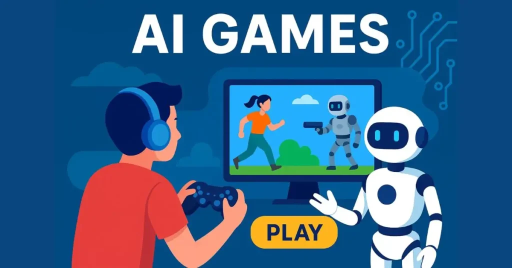 Illustration of a gamer playing an AI games on a screen with robots and characters, showing how artificial intelligence enhances gaming.