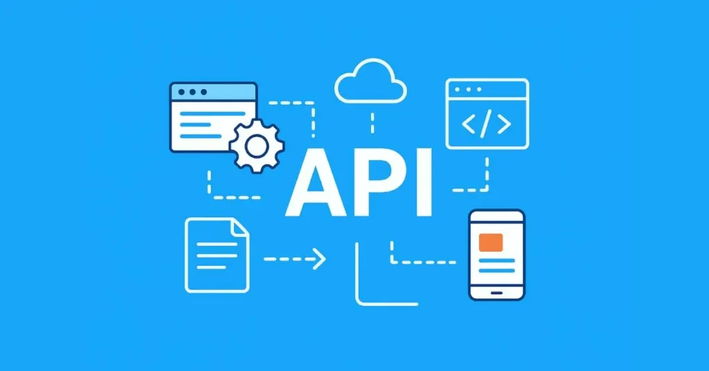What are APIs : Illustration showing API connections between apps, servers, and cloud systems using icons and arrows