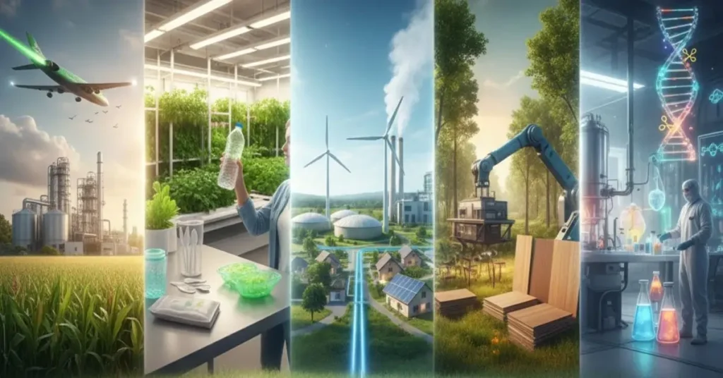 Bioresource Technology: Realistic composite image of bioresource transformation showing corn stover and algae being processed into high-value products like clear bioplastics, clean liquid fuel, and fertilizer, representing the Circular Bioeconomy.