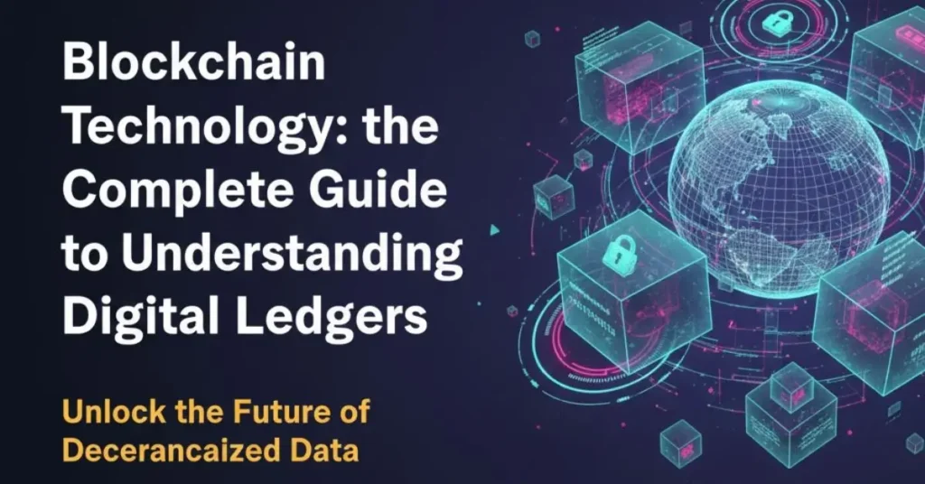 blockchain technology, A conceptual, dark-themed graphic showing glowing, three-dimensional digital blocks linked together by a neon blue chain or network, symbolizing a secure, decentralized digital ledger.