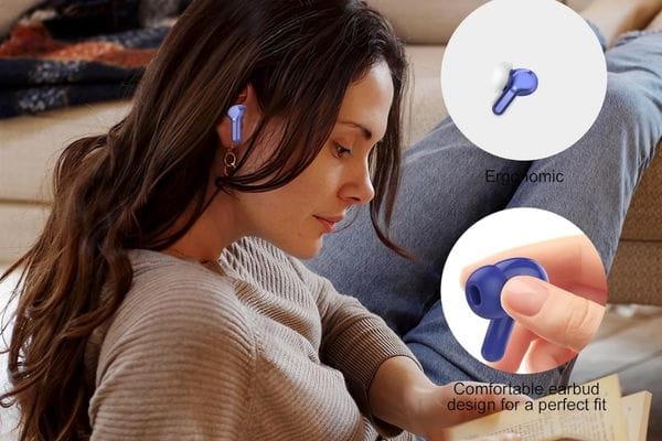 BESNOOW I53: A woman with long dark hair wearing a blue wireless earbud while reading indoors on a sofa. Circular insets highlight the ergonomic, curved shape of the earbud and demonstrate how it is held for a secure fit.