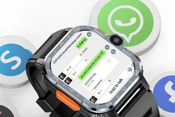 Android smartwatch displaying full WhatsApp chat with reply keyboard and app icons (Skype, Facebook, WhatsApp) floating around.