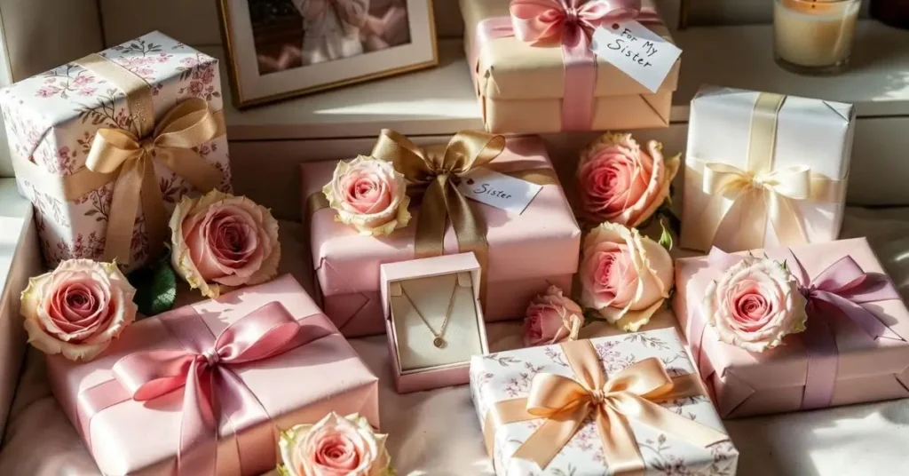 gift for sister: A man and woman, both smiling, sitting on a couch and exchanging a cream-colored gift box wrapped with a red ribbon.