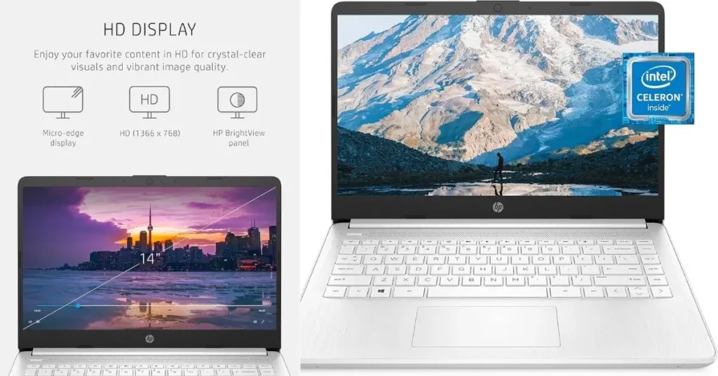 A white HP 14-inch laptop showing a mountain landscape on the screen, accompanied by graphics describing its HD Display features, including "Micro-edge display" and "HD (1366 x 768) HP BrightView panel."
