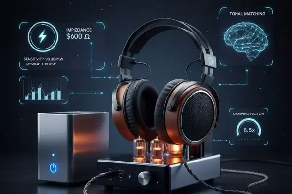 Headphones for an Amplifier: High-fidelity audio setup showing professional open-back headphones resting beside a glowing, dedicated headphone amplifier, symbolizing ideal component synergy and power